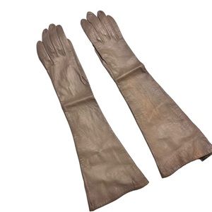 Vintage Taupe Kid Leather Elbow Length Long Gloves with Silk Lining